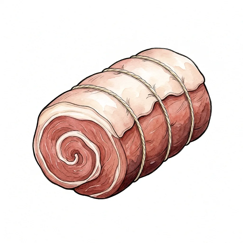 Ilustrace srolovaného kusu syrového masa se čtyřmi pruhy provázku a plátkem tuku nahoře.
