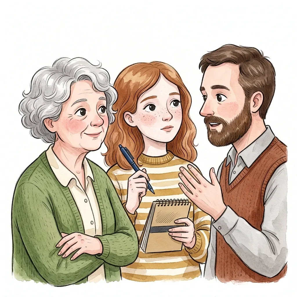 Ilustrace tří lidí v polokruhu, jeden mluví, druhý si dělá poznámky do bloku, třetí přikyvuje.