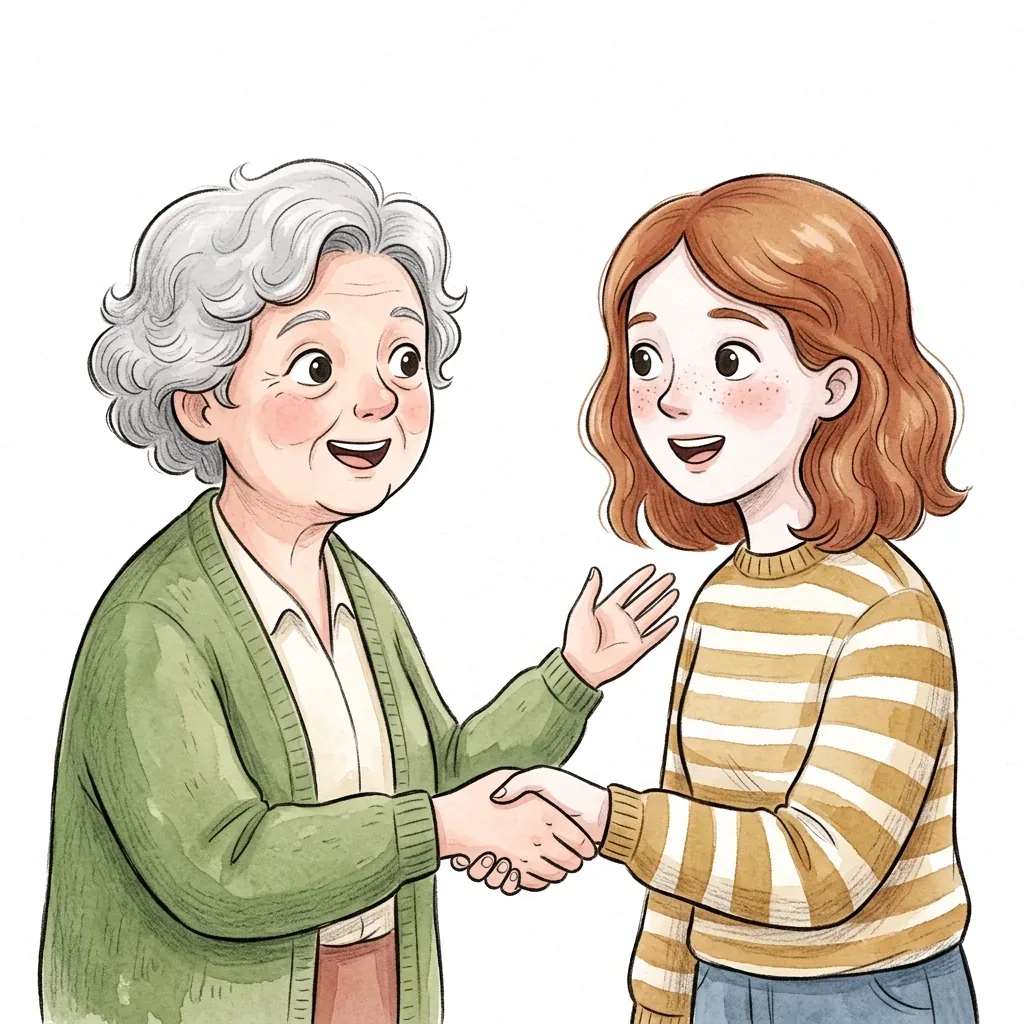 Ilustrace dvou žen, které si potřásají rukama s překvapenými úsměvy poznání.
