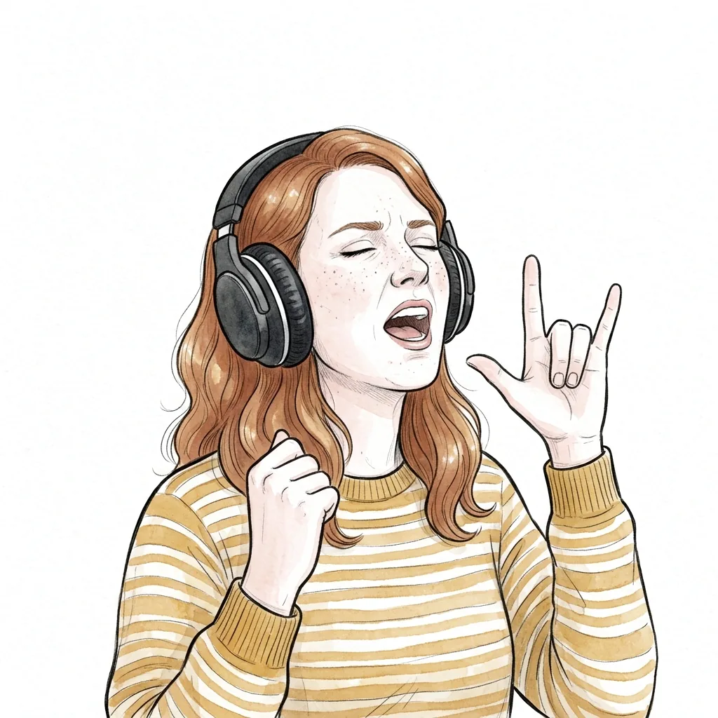 Ilustrace dívky se sluchátky, otevřenými ústy a rukou ve znamení rockových rohů.