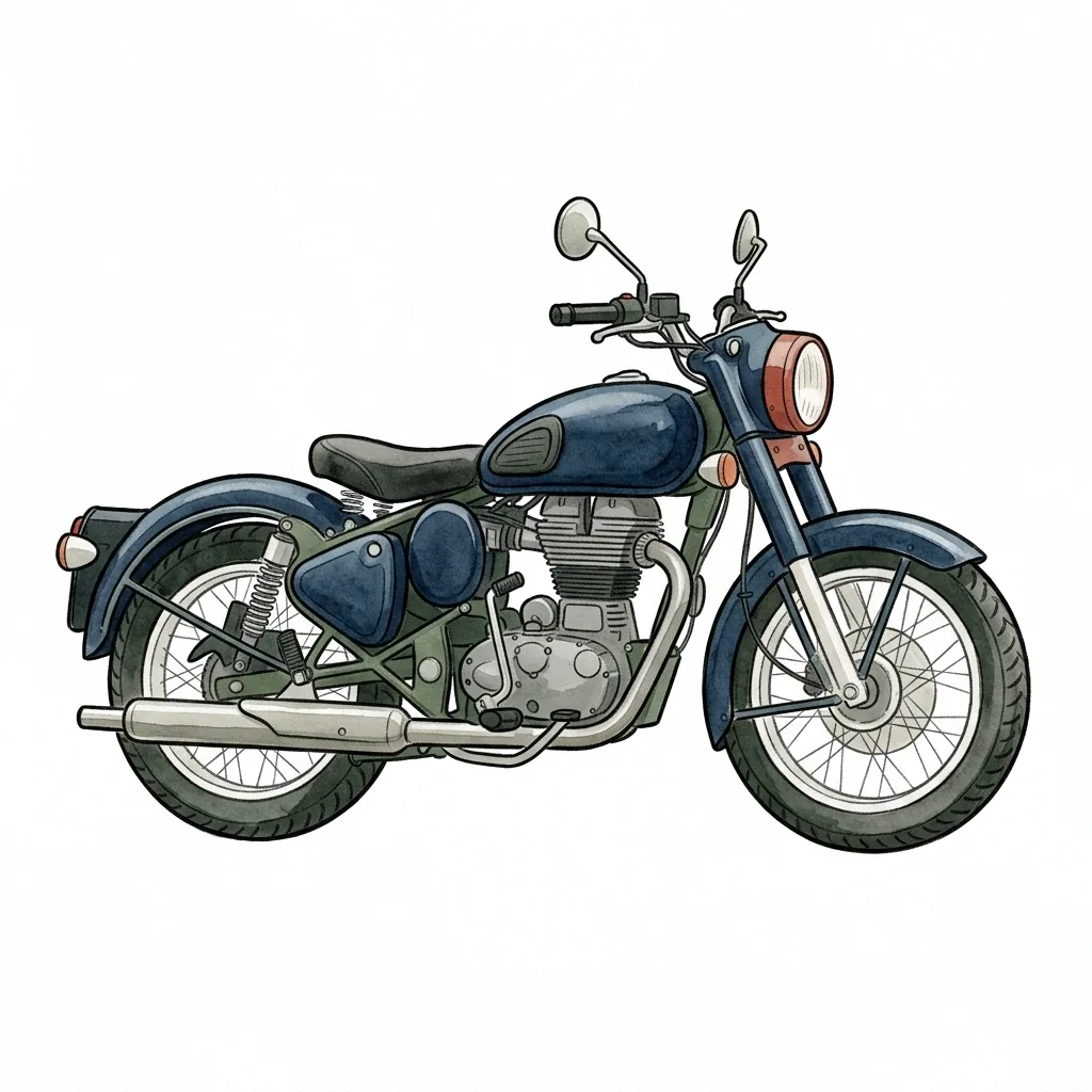 Modrá klasická motorka z boku, chromovaný výfuk, drátěná kola a kulatý reflektor.