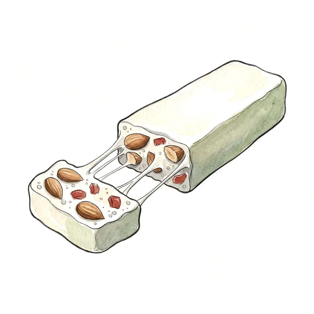 Podlouhlý kus nugátu s viditelnými mandlemi a kousky ovoce, nakrojený.