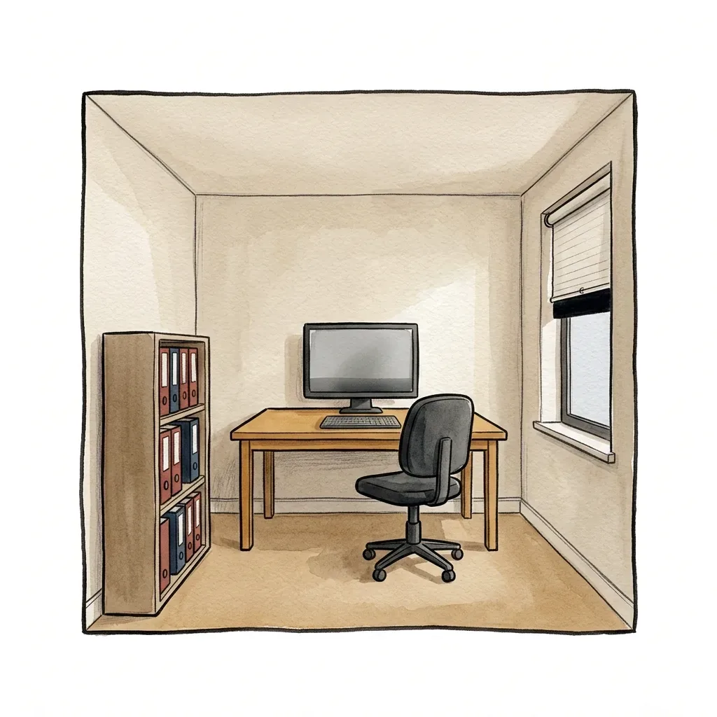 Ilustrace jednoduché kancelářské místnosti s pracovním stolem, židlí, regálem šanonů a oknem.