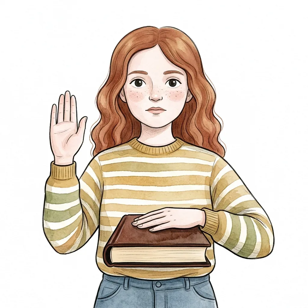Ilustrace ženy se zvednutou rukou a druhou rukou položenou na knize, jako by skládala slib.