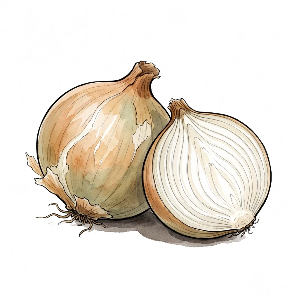 Celá cibule se zlatohnědou papírovou slupkou a vedle ní druhá rozkrojená napůl s viditelnými vrstvami.