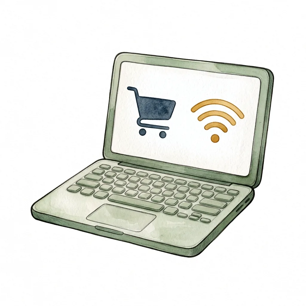 Otevřený notebook s ikonou nákupního košíku a signálem wifi na obrazovce.