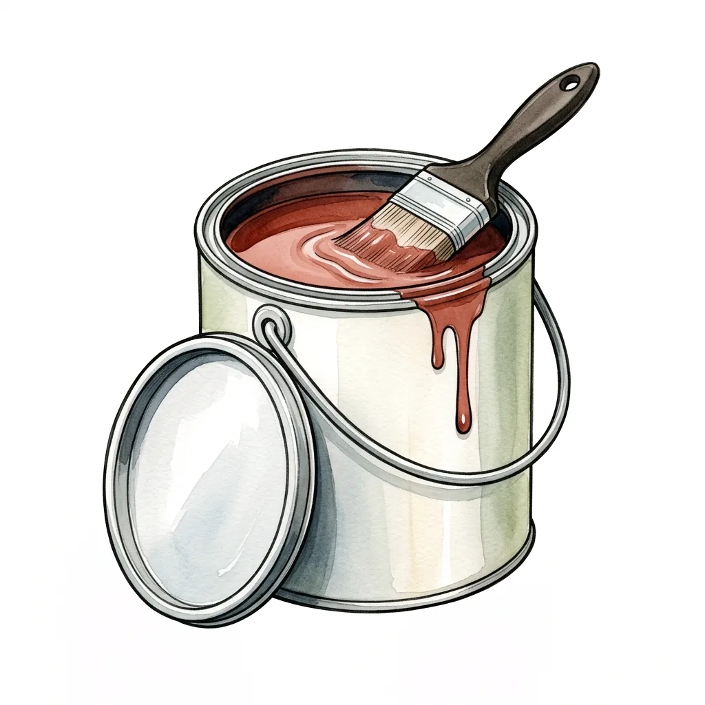 Otevřená plechovka barvy s odklopeným víkem, přes okraj položený široký štětec, po boku stéká kapka barvy.