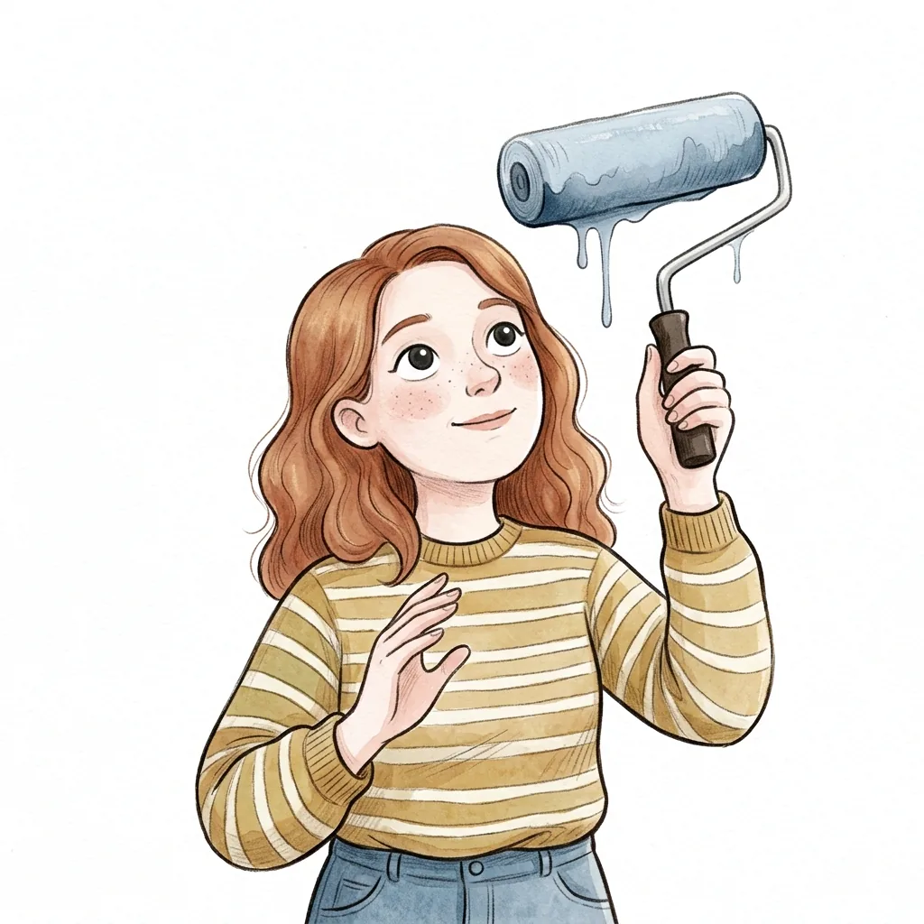 Dívka zvedá váleček nasáklý modrou barvou nad hlavu, barva z něj odkapává.