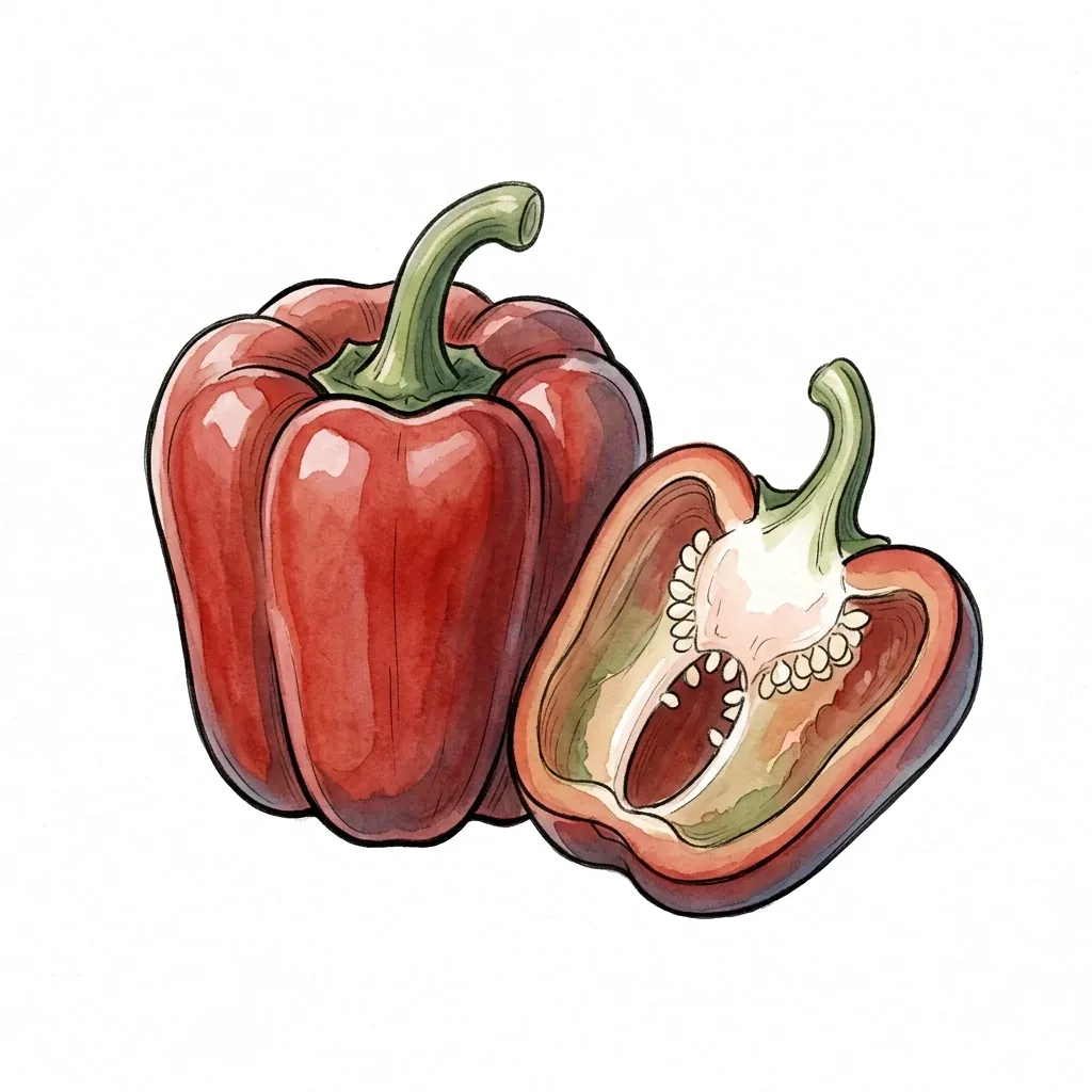 Celá červená paprika se zelenou stopkou a vedle ní rozkrojená půlka, uvnitř jsou vidět bílá plochá semínka.