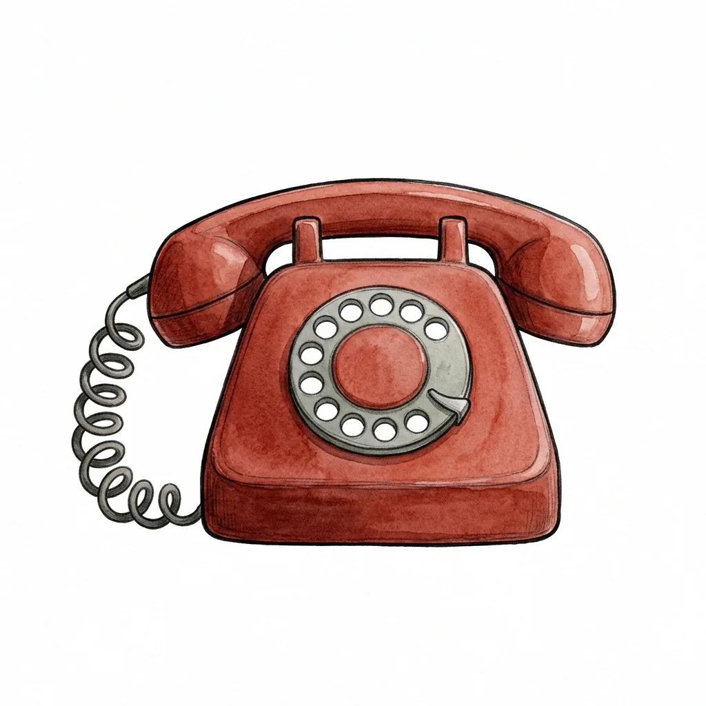Starý červený telefon s vytáčecím číselníkem a stočenou šňůrou.