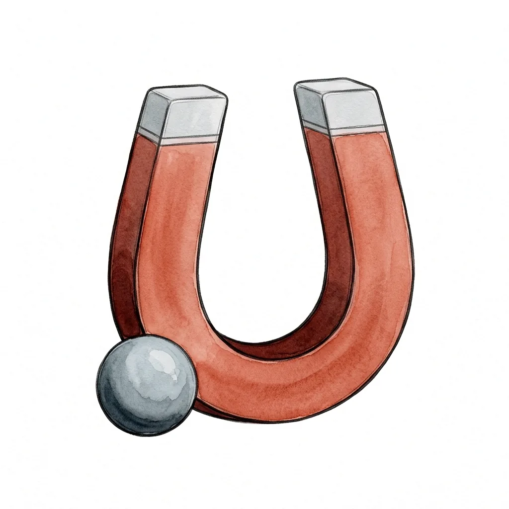 Podkovovitý magnet přitahující kovovou kouli