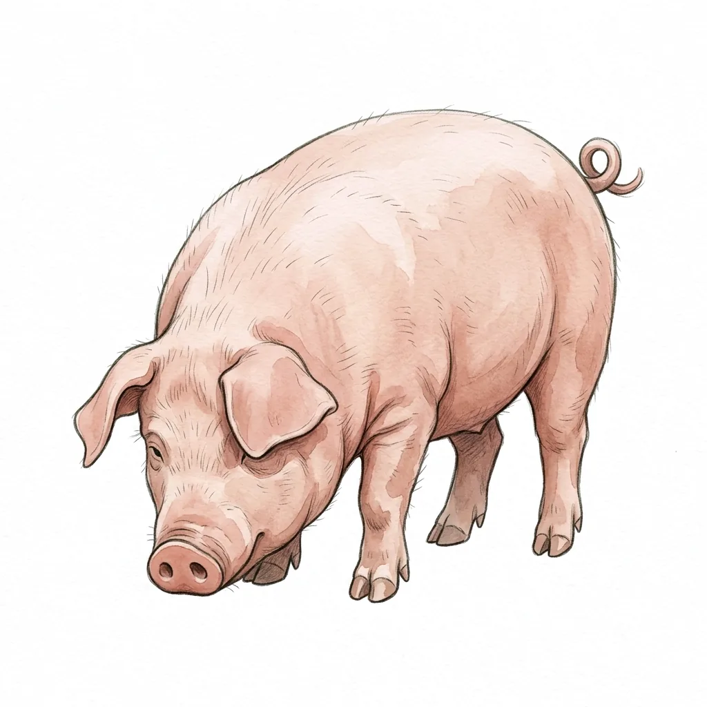 Růžové prase se skloněnou hlavou, velkým rypákem a zatočeným ocáskem.