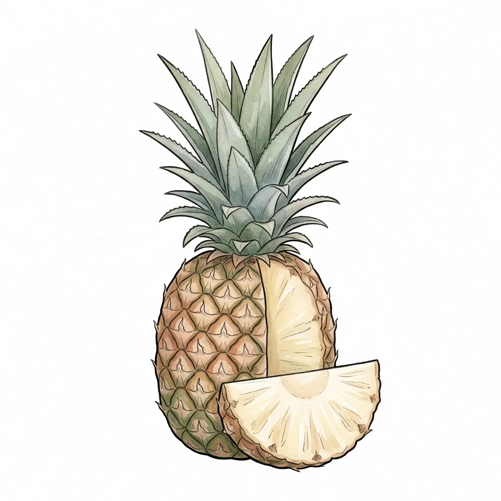 Celý ananas se šupinatou kůrou a chomáčem špičatých listů, z boku vykrojený, a před ním klínek světle žluté dužiny.