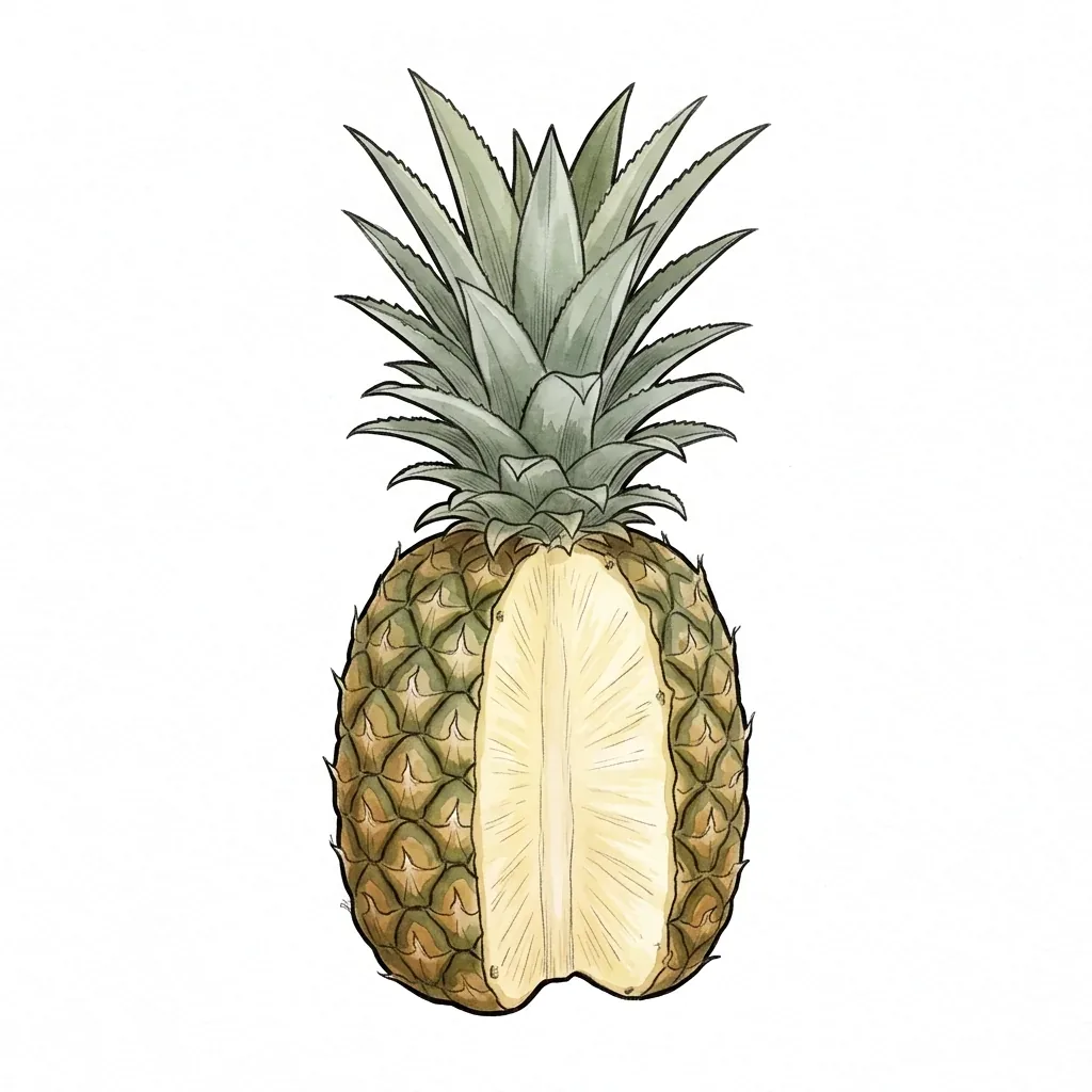 Celý ananas se šupinatou kůrou a chomáčem špičatých listů, z boku vykrojený, uvnitř světle žlutá vláknitá dužina se štíhlým středovým jádrem.