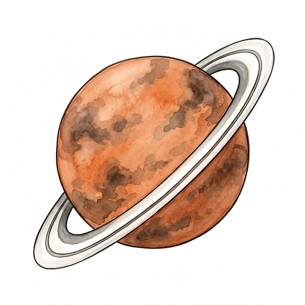 Oranžová planeta s nepravidelnými tmavšími skvrnami a bílým nakloněným prstencem kolem.