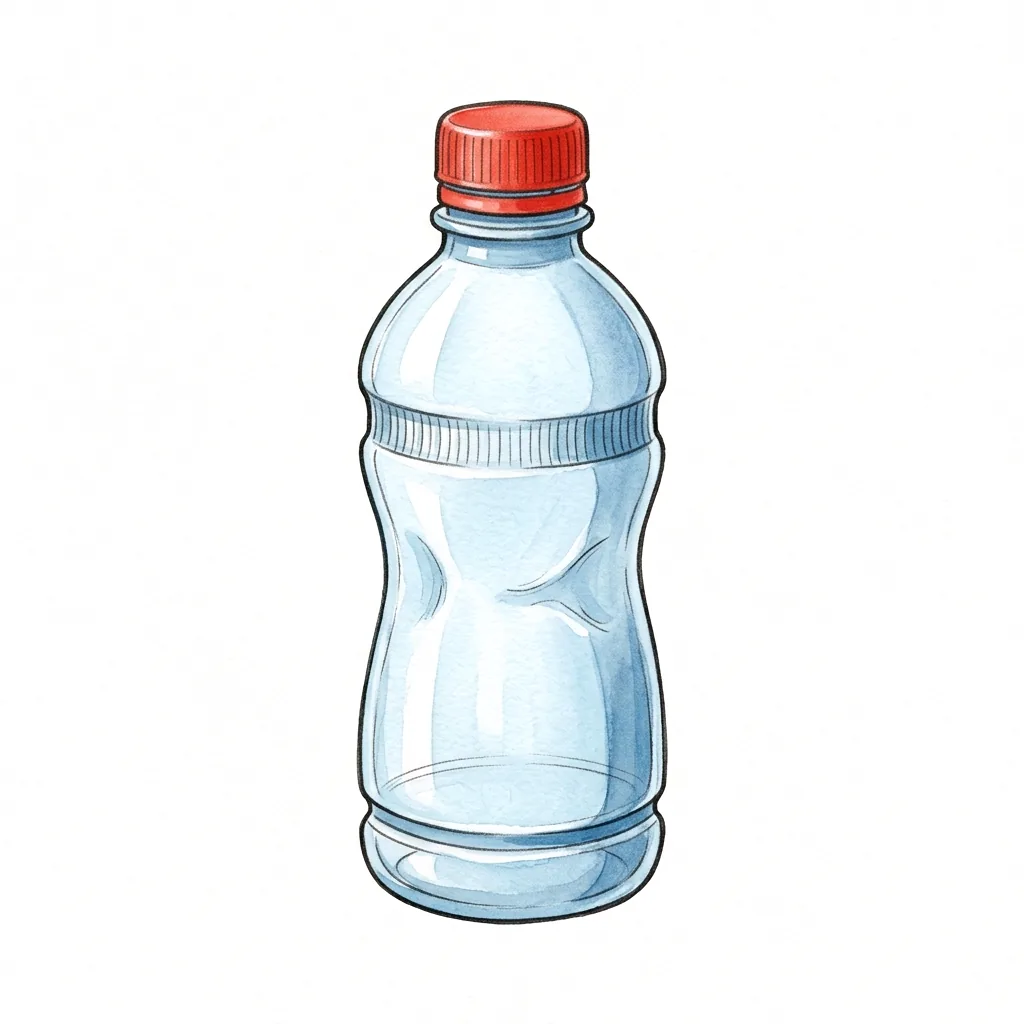 Ilustrace průhledné plastové lahve na pití s červeným šroubovacím víčkem.