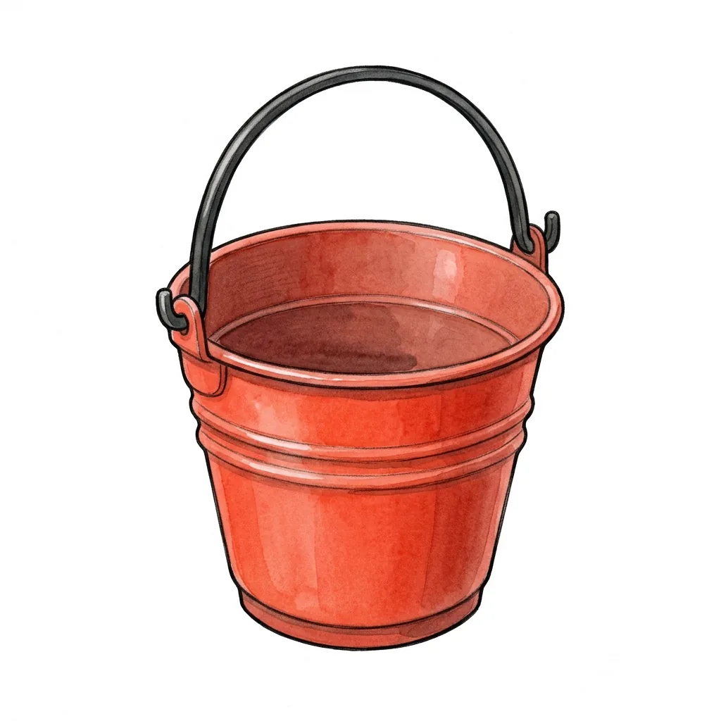 Ilustrace červeného plastového kbelíku s černým držadlem.