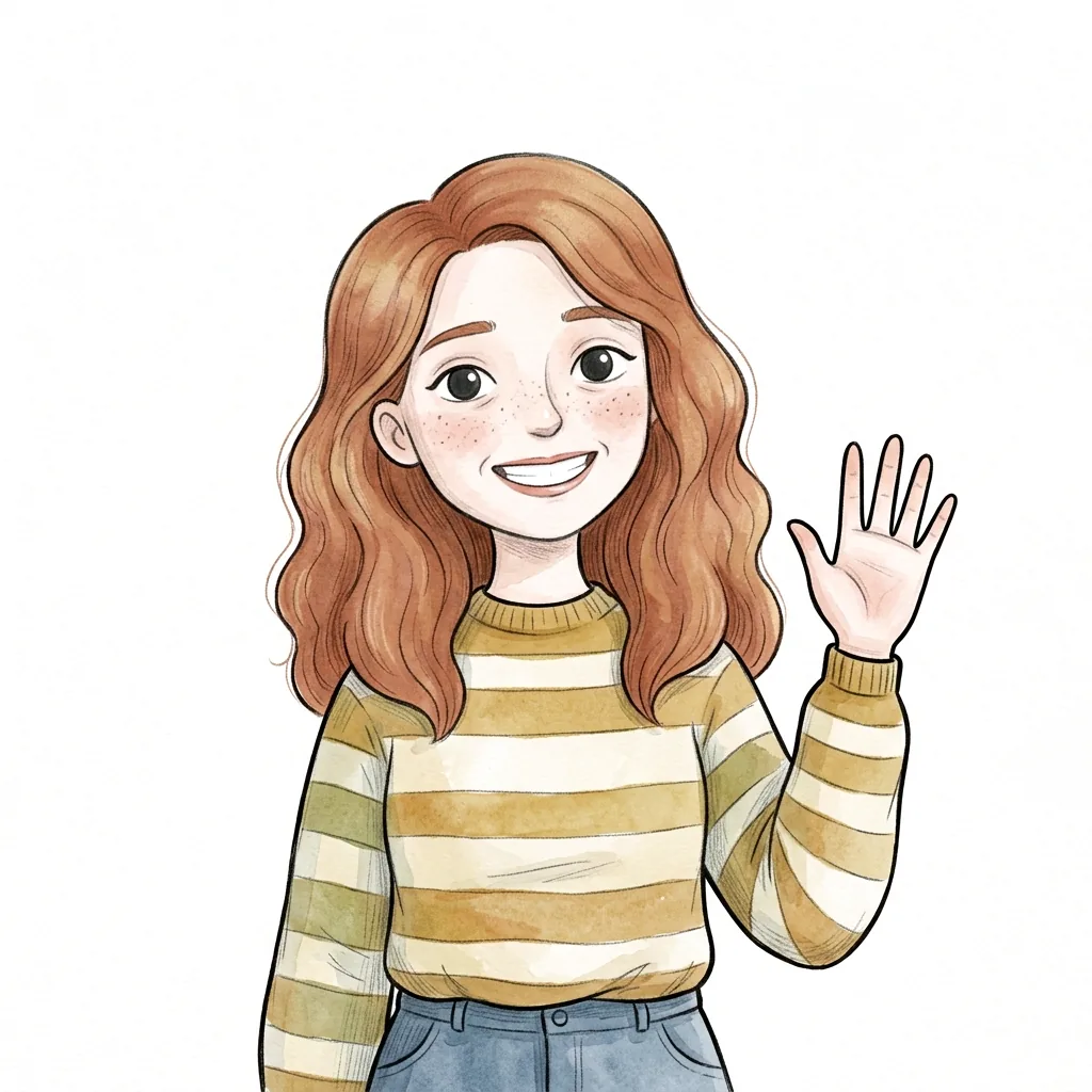 Ilustrace dívky se strojeně širokým úsměvem, jak strnule mává jednou rukou.