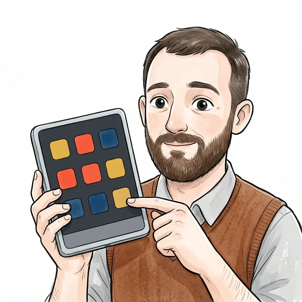 Petr ukazuje na tablet s aplikacemi