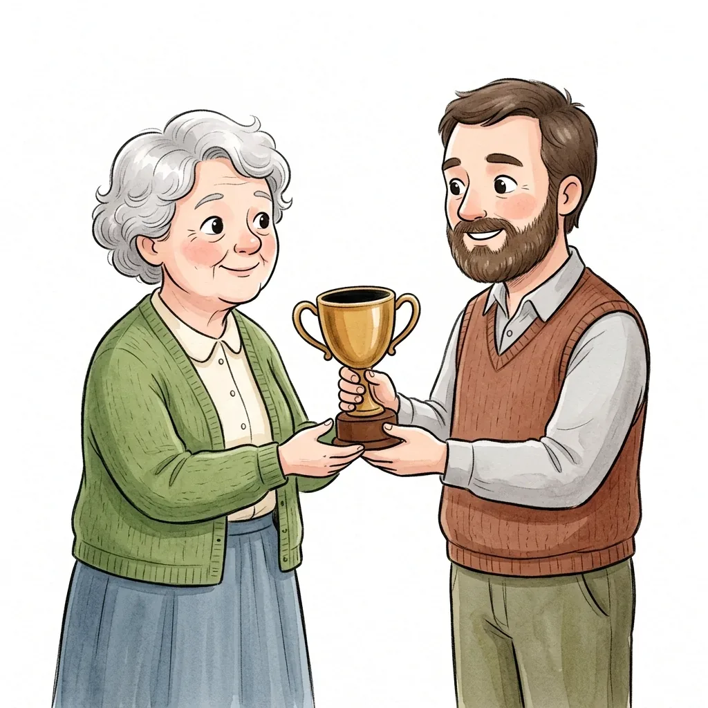 Ilustrace muže, který předává ženě zlatý pohár, oba se usmívají.