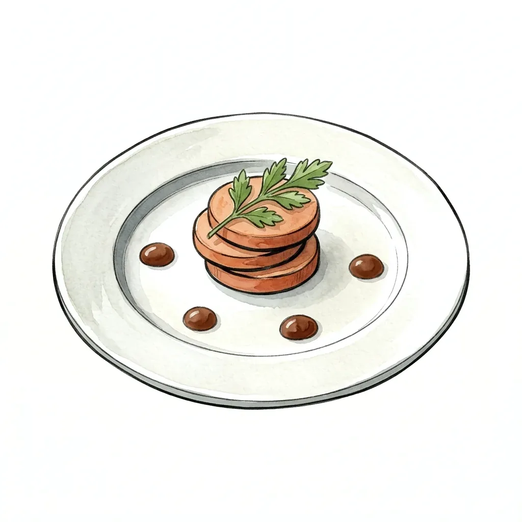 Ilustrace talíře s naskládanými plátky, snítkou bylinky a tečkami omáčky kolem.