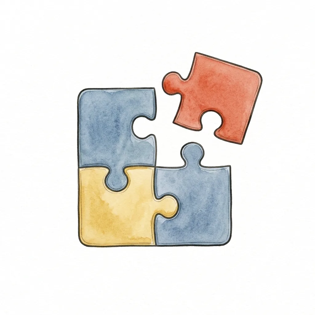 Čtyři propojené ploché dílky puzzle a pátý volný dílek nad prázdným místem.