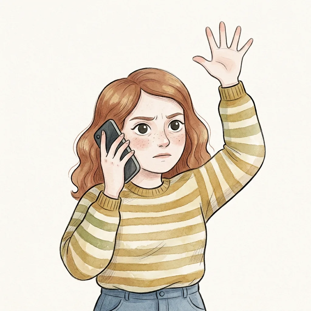 Dívka drží telefon u ucha a druhou ruku zvedá vysoko nad hlavu, jako by lovila signál, tvář nespokojená.