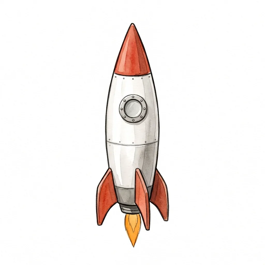 Bílá raketa s červenou špičkou a ploutvemi, s plamenem z trysky.