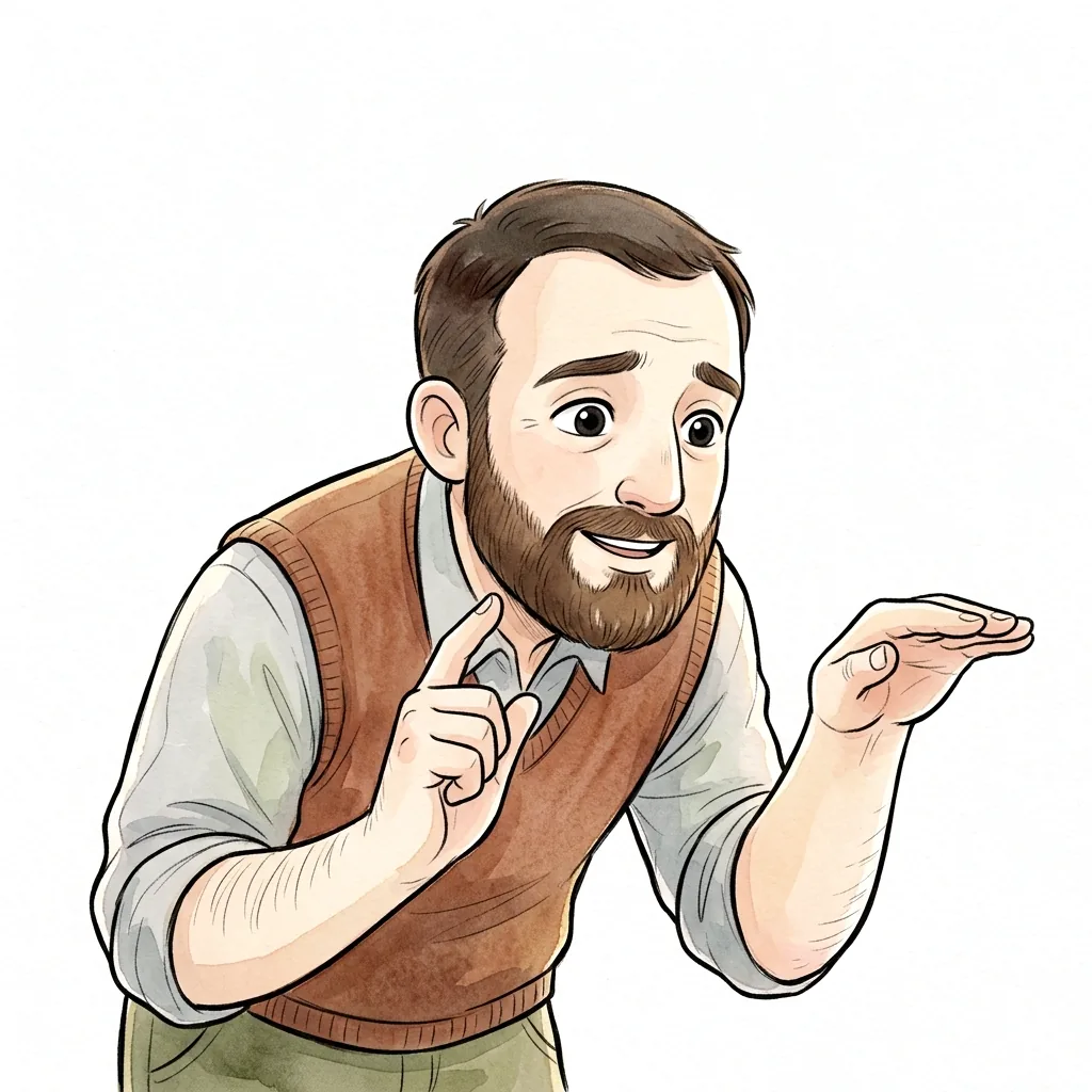 Vousatý muž se nakloní dopředu s laskavým úsměvem, jednu ruku zvedá, jako by chtěl někoho poplácat po rameni.