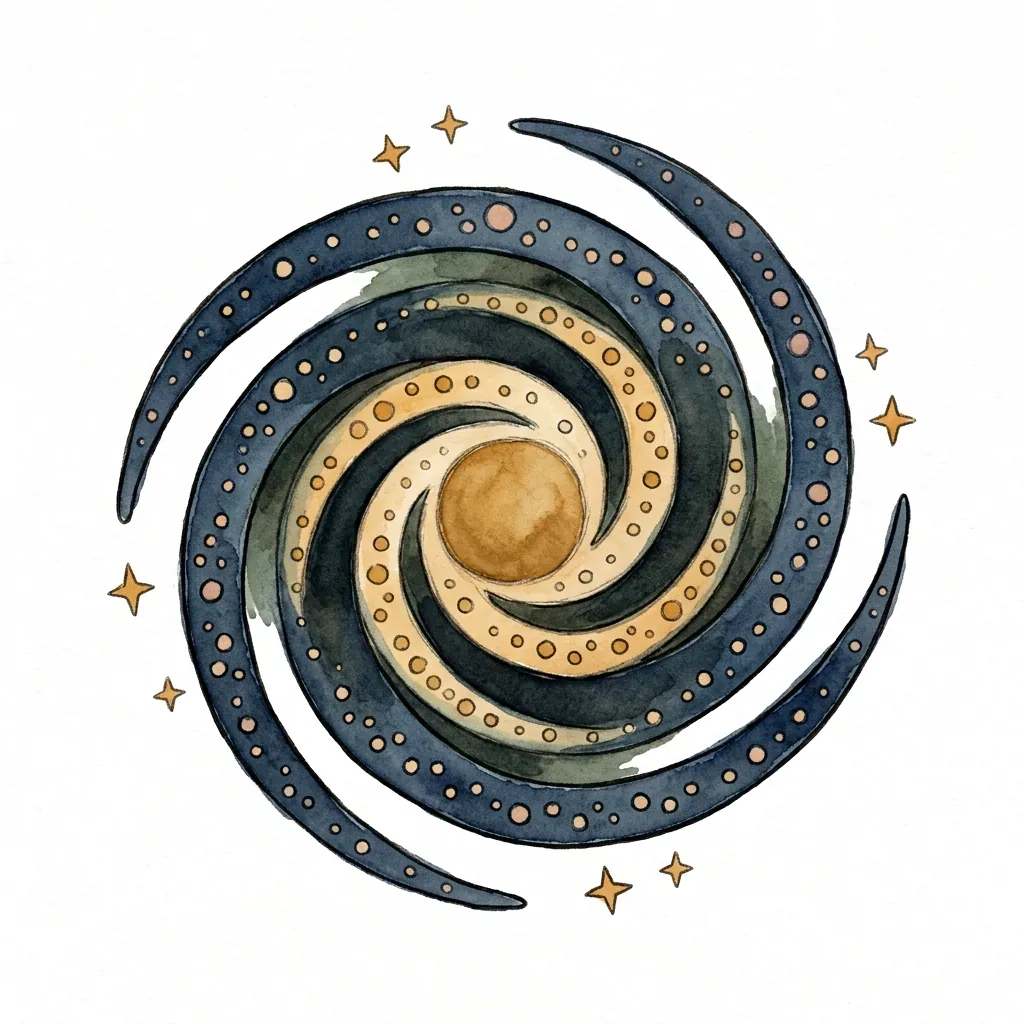 Kresba spirální galaxie se čtyřmi zatočenými rameny kolem zářícího jádra.