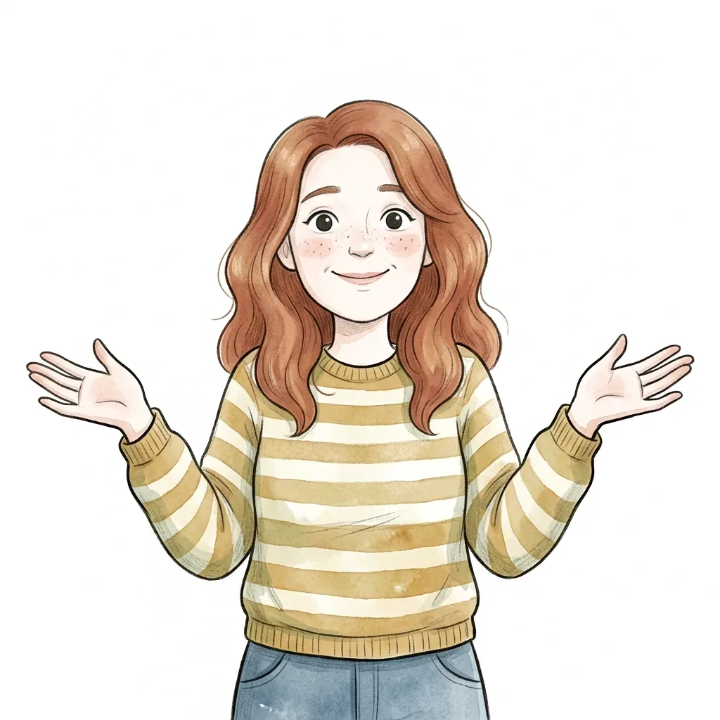 Dívka s rozpaženýma rukama a spokojeným úsměvem, jako by ukazovala volný prostor kolem sebe.