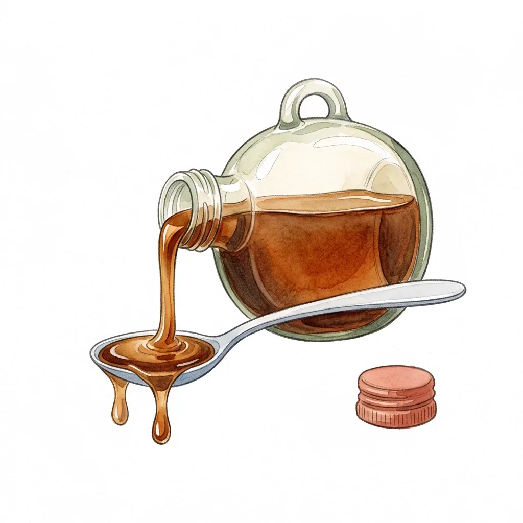 Skleněná láhev nakloněná, ze které teče hustý tmavý sirup na lžíci, vedle víčko.