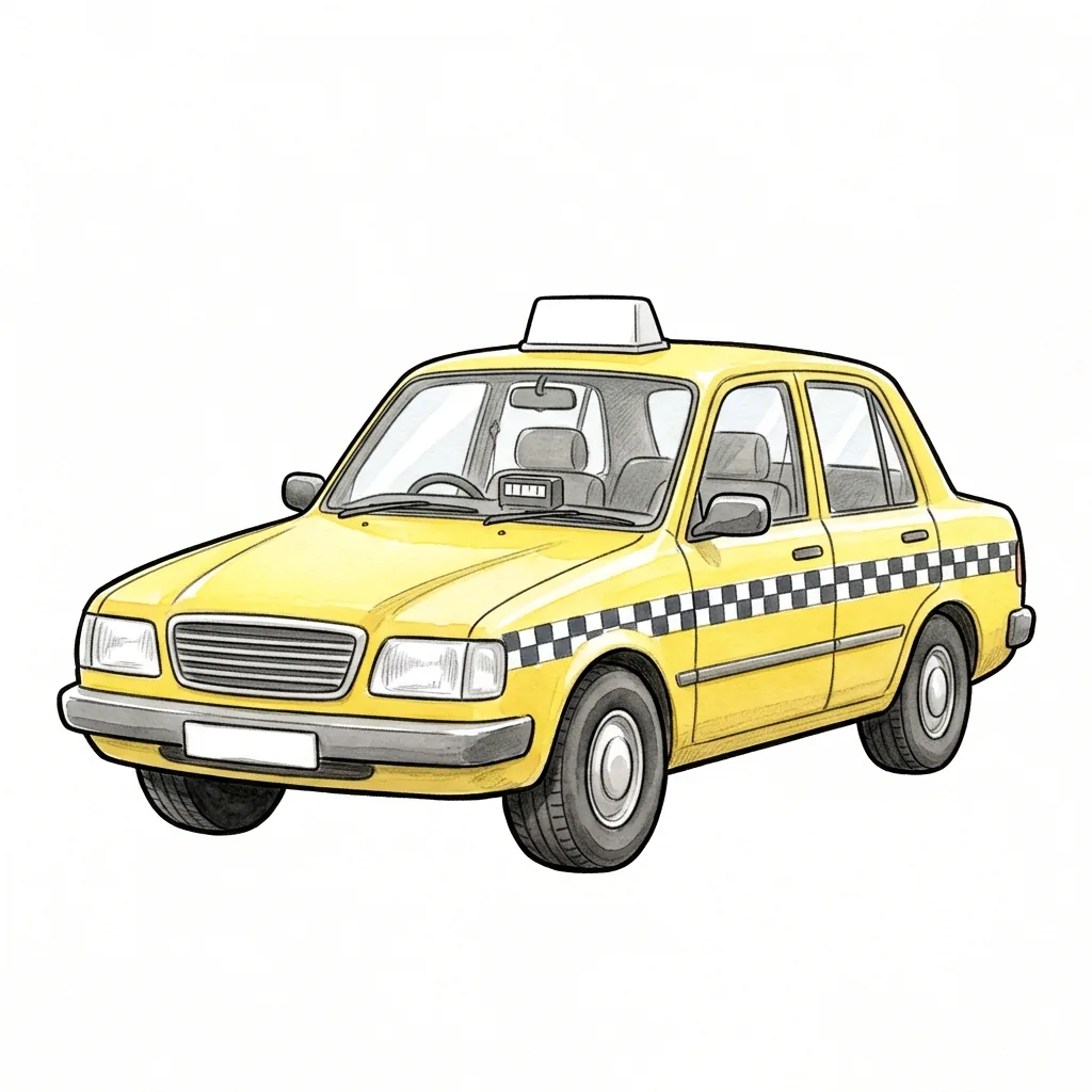Žluté taxi z předního tříčtvrtečního pohledu, střešní lampa a černobílý šachovnicový pruh podél boku.
