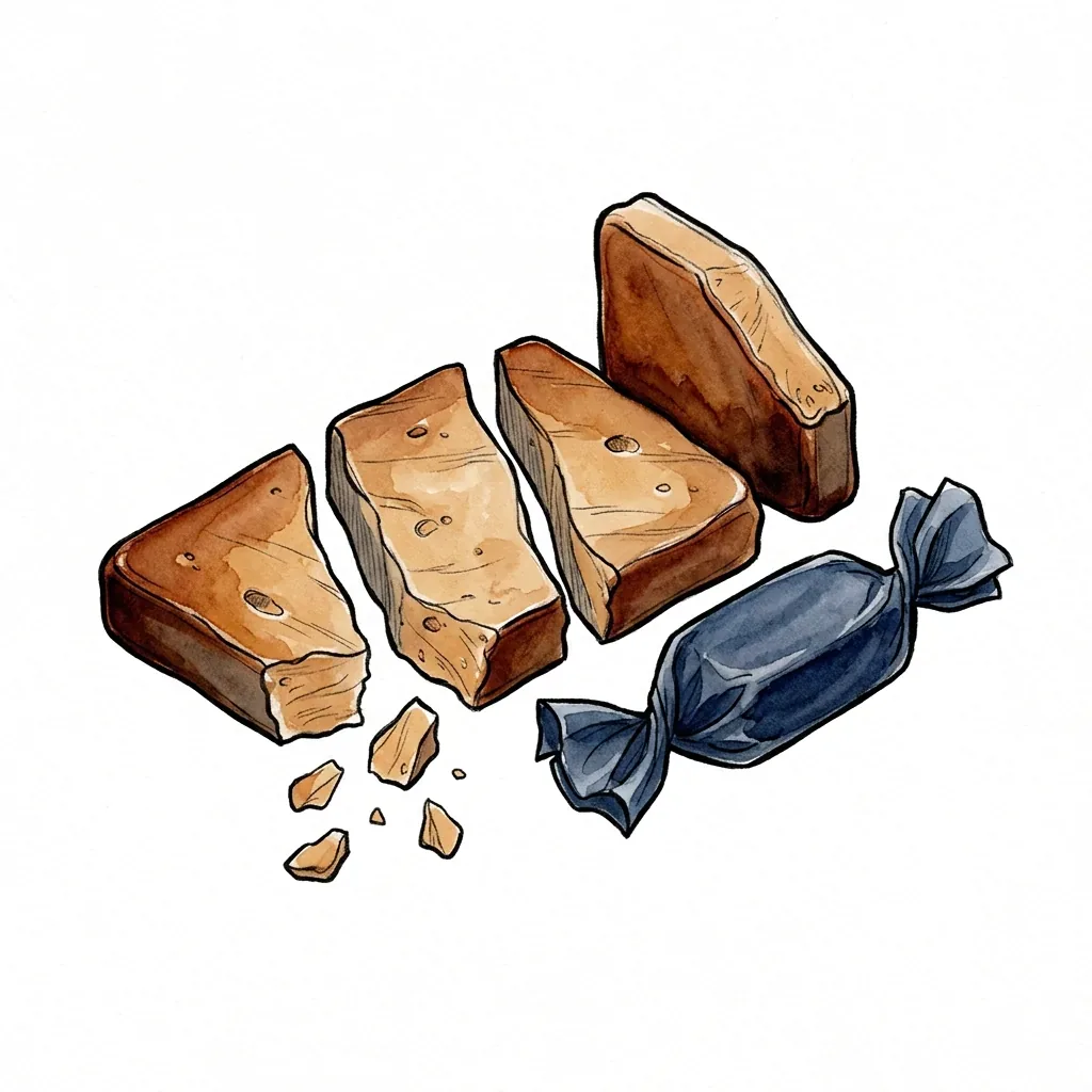 Čtyři hnědé kostky karamelové sladkosti, drobky a jeden kousek zabalený ve fólii.