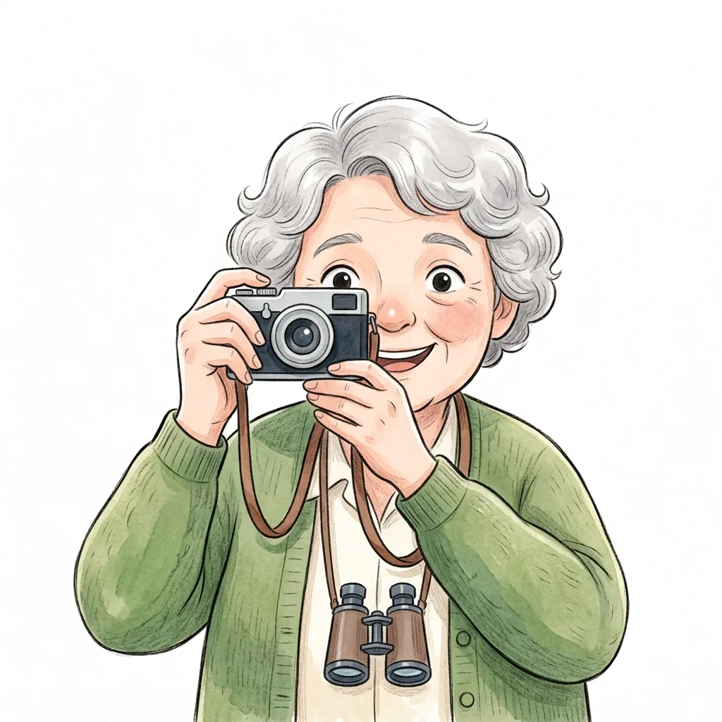 Žena drží před obličejem fotoaparát, na krku jí visí dalekohled.