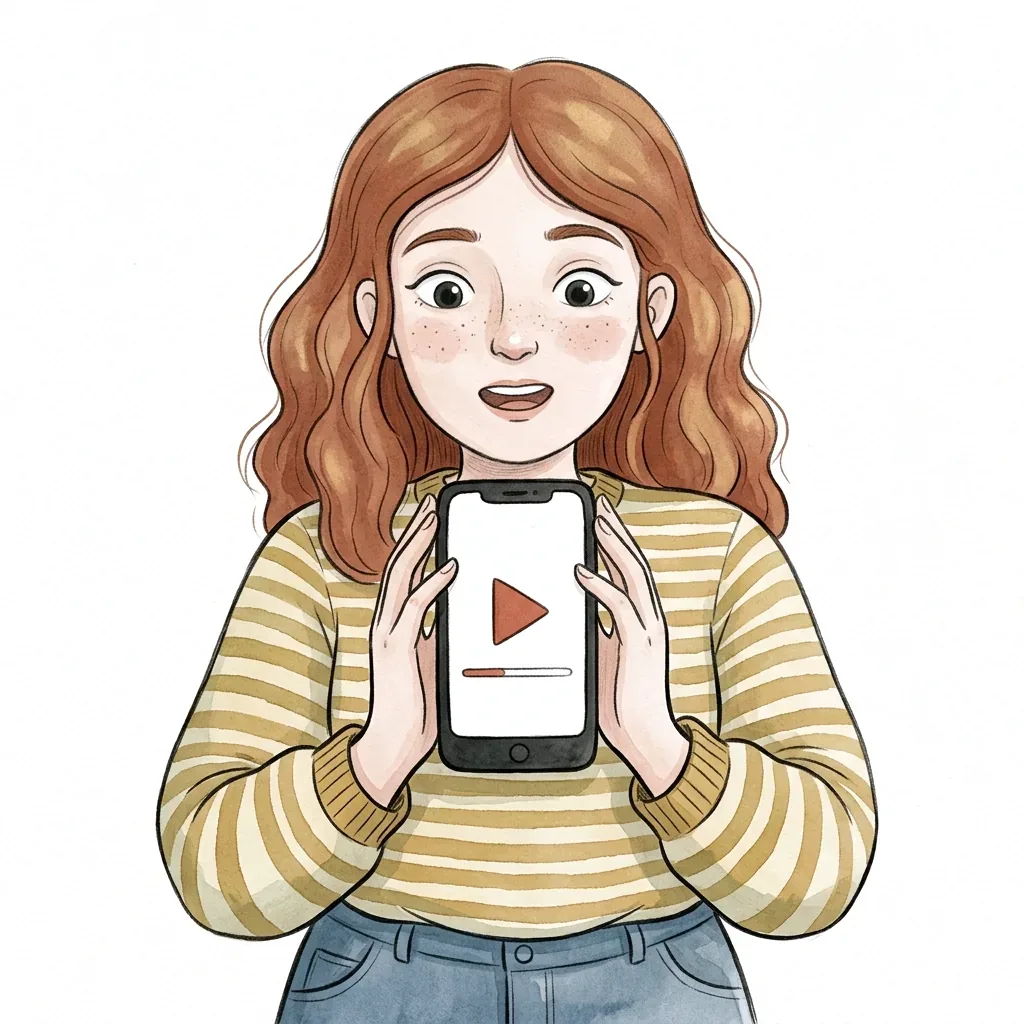 Mladá žena drží před sebou telefon obrácený k divákovi, na displeji je trojúhelník pro přehrání a pruh průběhu.