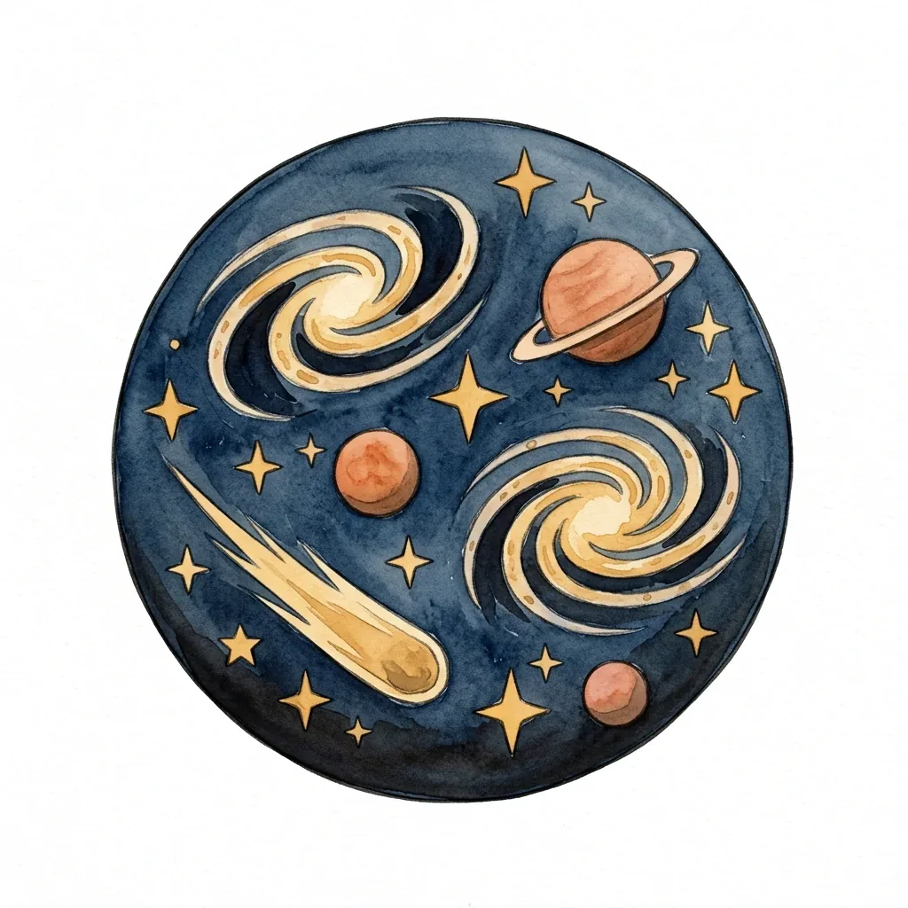 Kruhový výsek vesmíru se dvěma spirálními galaxiemi, třemi planetami (jedna s prstencem), kometou a hvězdami.