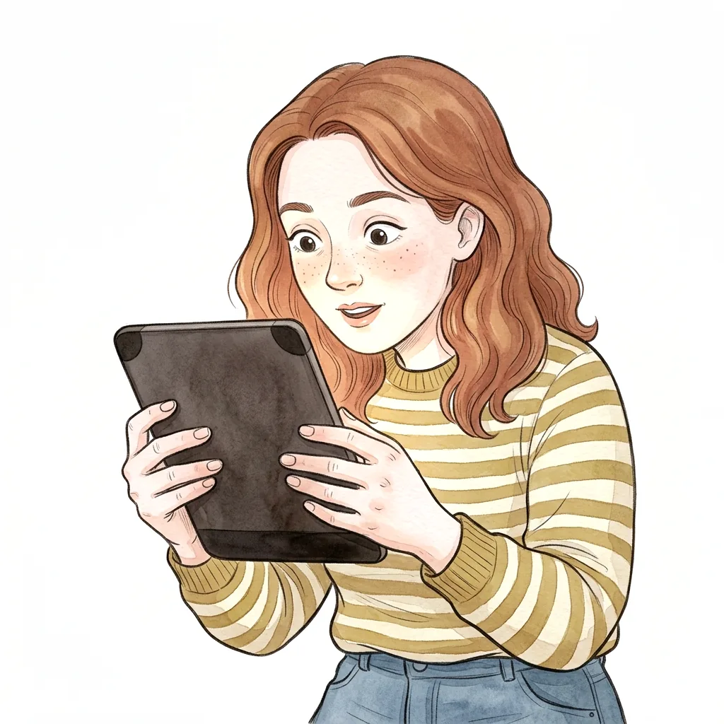 Dívka drží tablet obrazovkou k sobě, vidíme jen jeho zadní stranu, tvář má zaujatou a překvapenou.