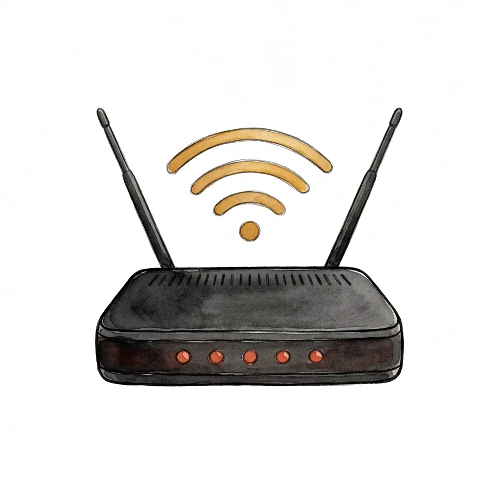 Wifi router se dvěma anténami, signálem a řadou kontrolek.