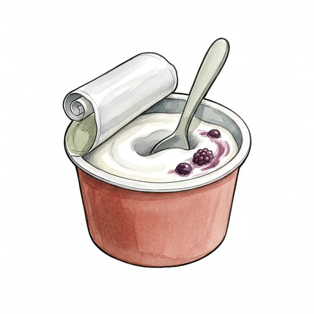 Ilustrace kelímku bílého jogurtu s odloupnutým víčkem, lžičkou zapíchnutou uvnitř a bobulemi na povrchu.
